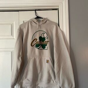 Carhartt Cream Hoodie with Green and Gold Logo
